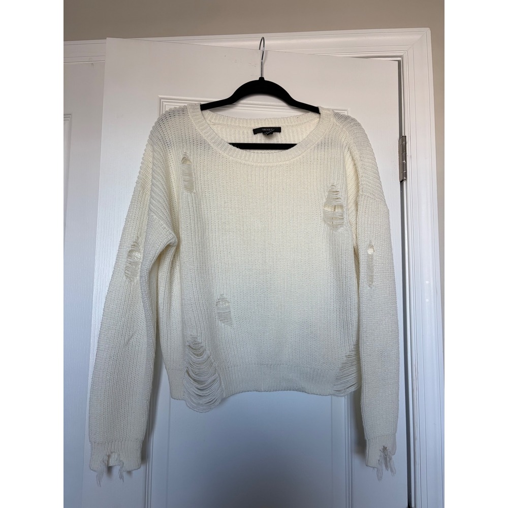 Forever 21 Distressed Ripped Knit Sweater Cream Off White Size L
